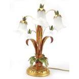 Hand painted naturalistic three branch table lamp, with frilled glass shades, 58cm high : For