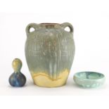 Art pottery including Lemon & Son Wesuma Ware pottery vase with twin handles and a Nowell dish,