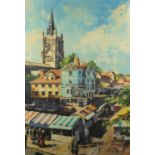 Provincial market town, French school oil on canvas, bearing a monogram JH, unframed, 76cm x 50.