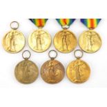 Seven British Military World War I victory medals, various regiments including Liverpool and Royal