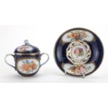 19th century Meissen porcelain Trembleuse cup and cover with saucer, finely hand painted with panels