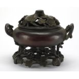 Large Chinese bronze tripod naturalistic censer, with twin handles, lid and stand, six figure