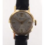 Ladies 9ct gold Accurist wristwatch with leather strap, 1.7cm in diameter : For Further Condition