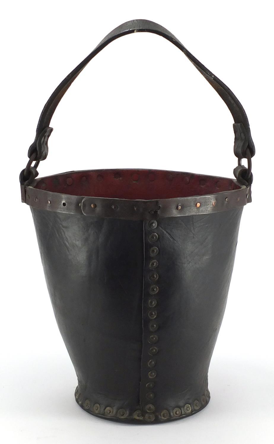 Antique metal studded leather fire bucket, 31cm high excluding the handle :For Further Condition - Image 2 of 4