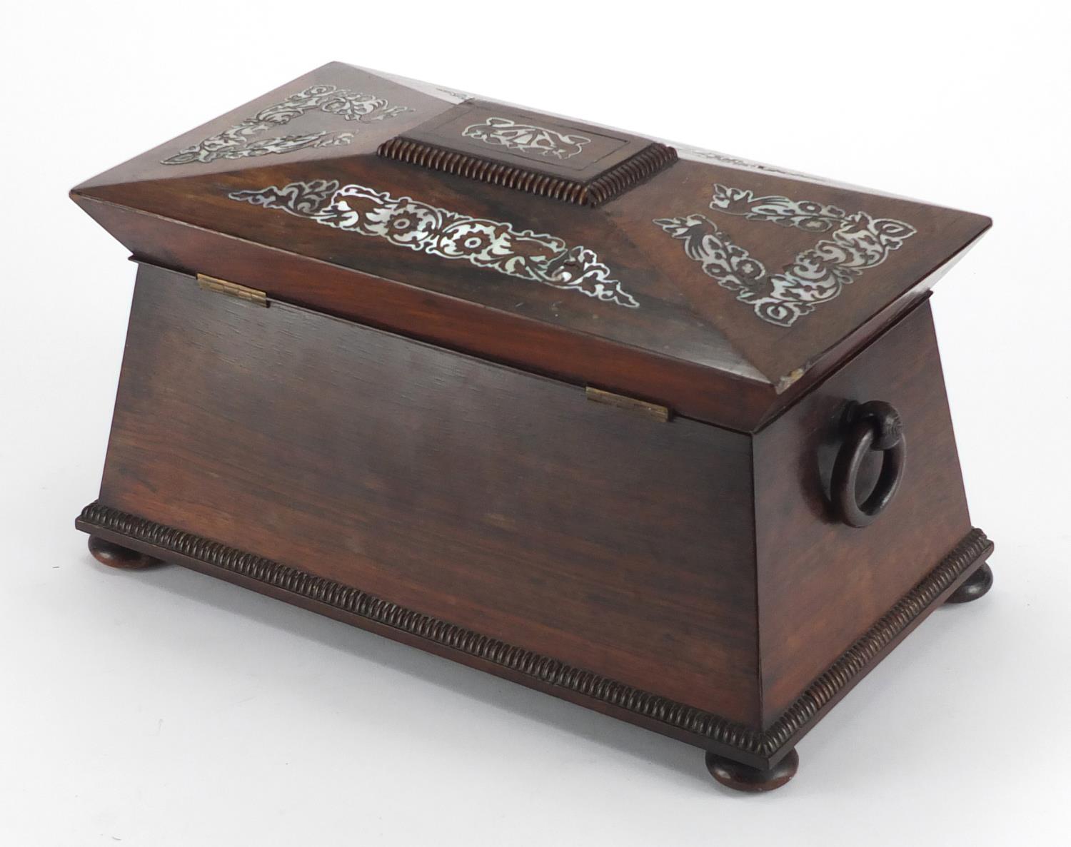 Victorian rosewood sarcophagus tea caddy, with Mother of pearl inlay, ring turned handles and fitted - Image 5 of 5