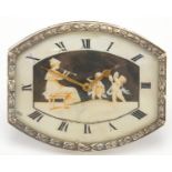 Art Deco silver plated strut clock, having an ivory dial hand painted with putti and a female, 8.5cm
