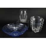 Two Whitefriars lobbed vases and a ribbon trailed sapphire bowl, designed by Barnaby Powell, the