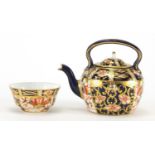 Miniature Royal Crown Derby Imari teapot and bowl, factory marks to the bases, the largest 7cm