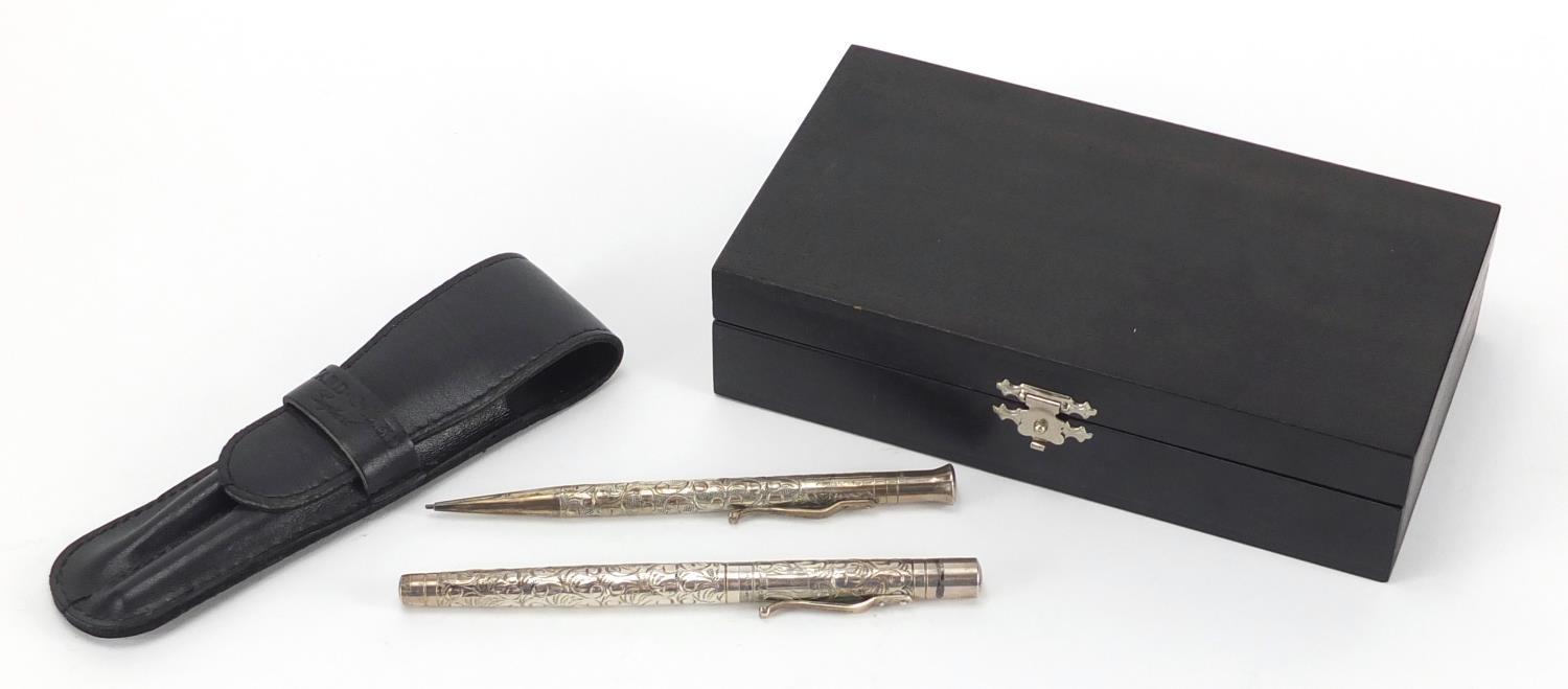 Yard-O-Led sterling silver fountain pen and propelling pencil, embossed with foliage together with