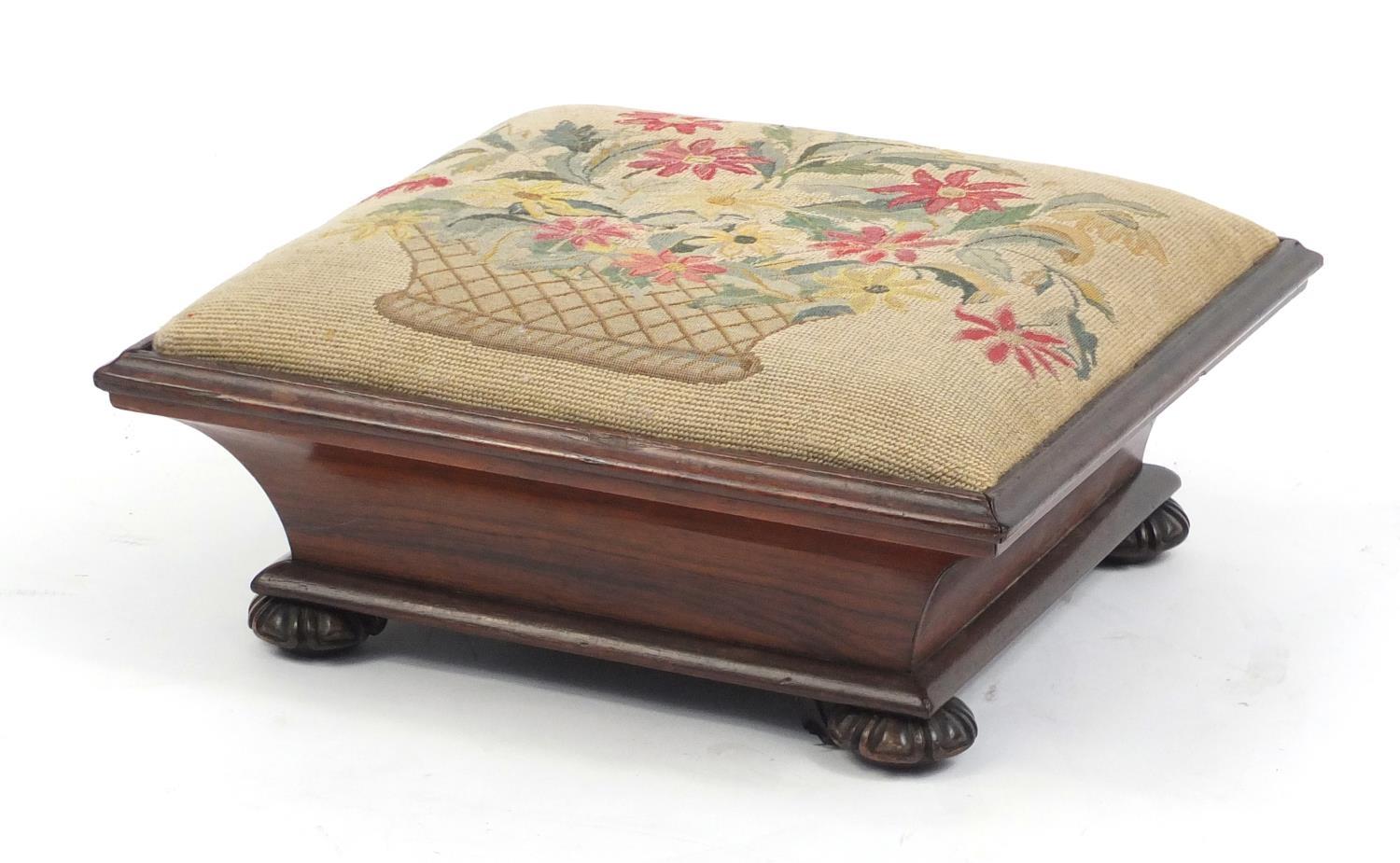 Victorian rosewood foot stool with floral upholstery, 16.5cm H x 38cm W X 38cm D : For Further