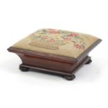 Victorian rosewood foot stool with floral upholstery, 16.5cm H x 38cm W X 38cm D : For Further