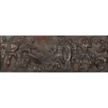 Rectangular patinated bronzed plaque cast in relief with a Roman battle scene, framed, 62cm x 20.5cm