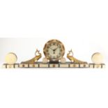 Art Deco black slate and marble mantel clock with garnitures, the mantel clock mounted with two