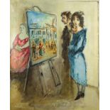 Young couple admiring a picture in the style of Maurice Utrillo, oil on canvas, bearing a