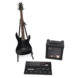 ESP six string electric guitar, with ECC Effects Command Center and a Roland amplifier, the guitar