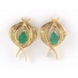 Pair of 9ct gold emerald and diamond earrings, 2.5cm in length, approximate weight 4.5g :For Further