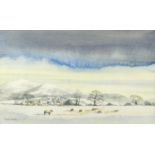 David Bellamy - Winter landscape with sheep, watercolour, mounted and framed, 32cm x 19cm :For