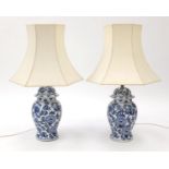 Pair of blue and white floral painted porcelain table lamps with shades, 80cm high : For Further