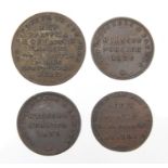 Four early 19th century tokens including Wanted for the East Indies Horse Artillery, Inseparable