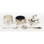 Silver objects including Elkington & Co mustard and salt, napkin ring and two white metal spoons,