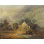 Village scene before mountains, 19th century English school, oil on canvas, mounted and framed, 43.