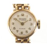 Ladies 9ct gold Perona Incabloc wristwatch with 9ct gold strap, 1.6cm in diameter, approximate