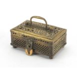 Chinese gilt metal four footed cricket box, with carrying handle, 6.5cm H x 14cm W x 9cm D excluding
