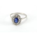 Art Deco unmarked white metal sapphire and diamond ring, size M, approximate weight 3.0g :For