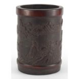 Chinese cylindrical bamboo brush pot, carved with figures before landscape, 17.5cm high :For Further