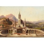 Continental castle with viaduct and figures, 19th century oil on wood panel, bearing an indistinct