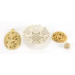 Oriental ivory and bone including a Chinese Canton panel, Japanese Ojime and a hexagonal pierced