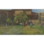 Mary Jackson - Garden party, oil on canvas board, inscribed verso, framed, 48.5cm x 29cm :For