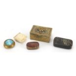 Antique and later snuff boxes and trinkets including moss agate example, circular brass example with