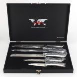 As new Swiss five piece knife set, with Damask steel blades and fitted case : For Further