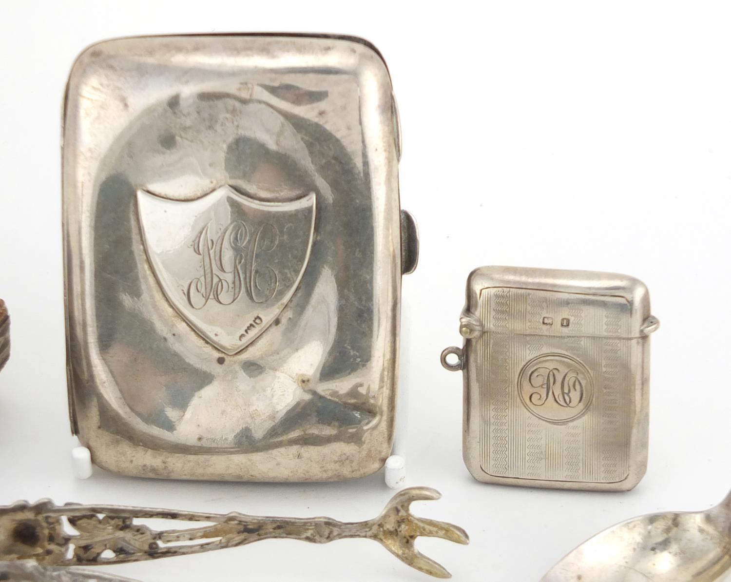 Victorian fold out sewing necessaire and a group of silver objects including cigarette case, vesta - Image 3 of 6