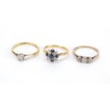 Three 18ct gold diamond rings, one set with sapphires, size K, N and Q, approximate weight 6.4g :