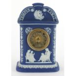 Early 20th century Wedgwood Jasperware mantel clock, with arched pediment inscribed Tempus Fugit,