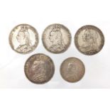 Four Victorian silver crowns and a 1888 half crown : For Further Condition Reports Please Visit