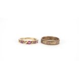 9ct gold red and white stone eternity ring and half eternity ring, sizes O and Q, approximate weight