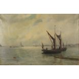 Gustave De Breanski - Coastal scene with boats on calm water, 19th century maritime oil on canvas,