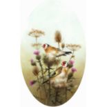 Fine Art Ceramic oval porcelain plaque hand painted with two bullfinches by Milwyn Holloway, factory