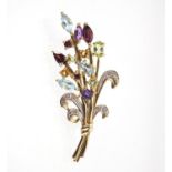 9ct gold multi gem floral spray brooch, 4.5cm in length, approximate weight 4.2g :For Further