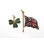 9ct gold and enamel clover pendant and a gold coloured metal enamel Union Jack charm, the largest
