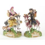 Pair of 19th century Derby porcelain figures on goats, painted marks to the base, the largest 12.5cm