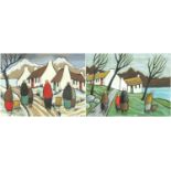 Figures before buildings, pair of gouaches on card, bearing a signature possibly Markey, each