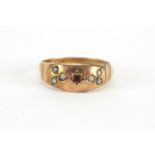 Victorian 9ct gold pearl and garnet ring, Chester 1897, size O, approximate weight 1.7g, housed in a