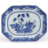 Chinese blue and white porcelain platter, hand painted with a central panel of objects and flowers