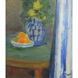 R Bigot - Continental still life, oil on canvas, stamps and label verso, framed, 52.5cm x 45cm :