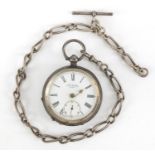 Gentleman's silver J B Yabsley pocket watch with subsidiary dial, on a silver watch chain, 5cm in