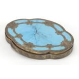 Continental silver and blue enamel compact with engraved floral decoration, stamped 800, 8.5cm in